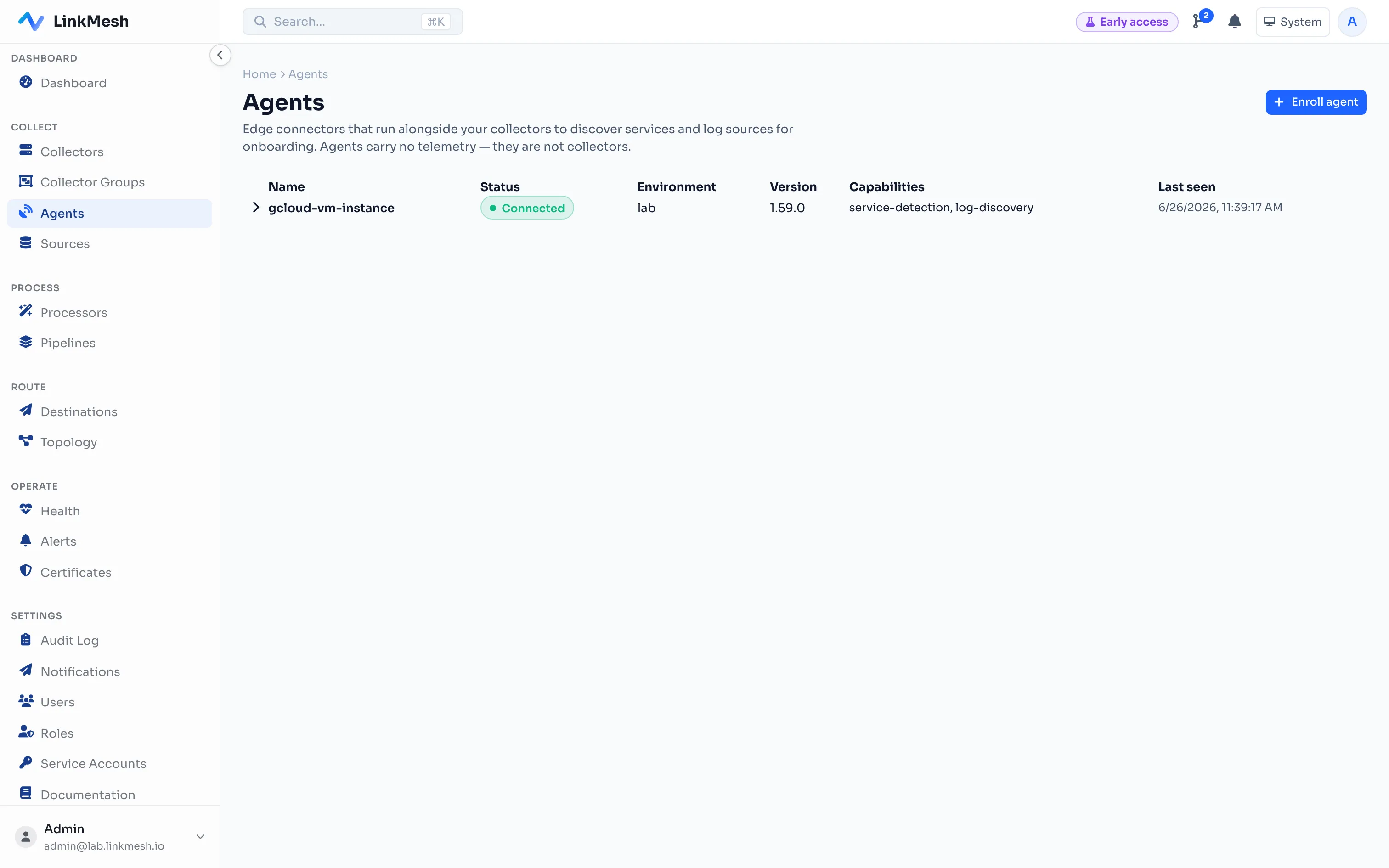 An enrolled agent reporting the service-detection and log-discovery capabilities it offers the onboarding workbench.
