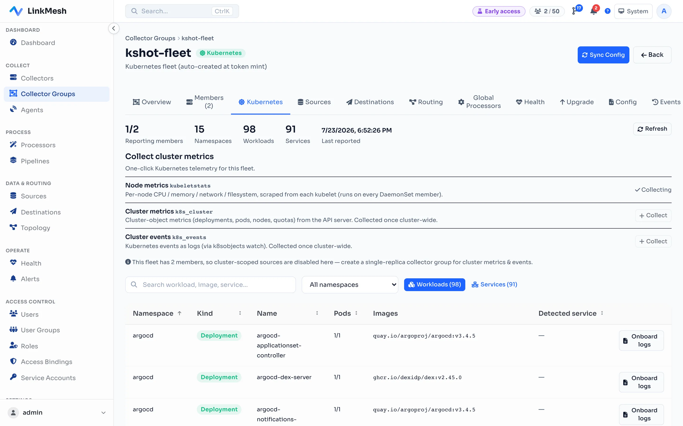 The group's Kubernetes tab shows the live cluster the agent discovered — reporting members, namespaces, workloads, and services — with a one-click Onboard logs action on any workload.