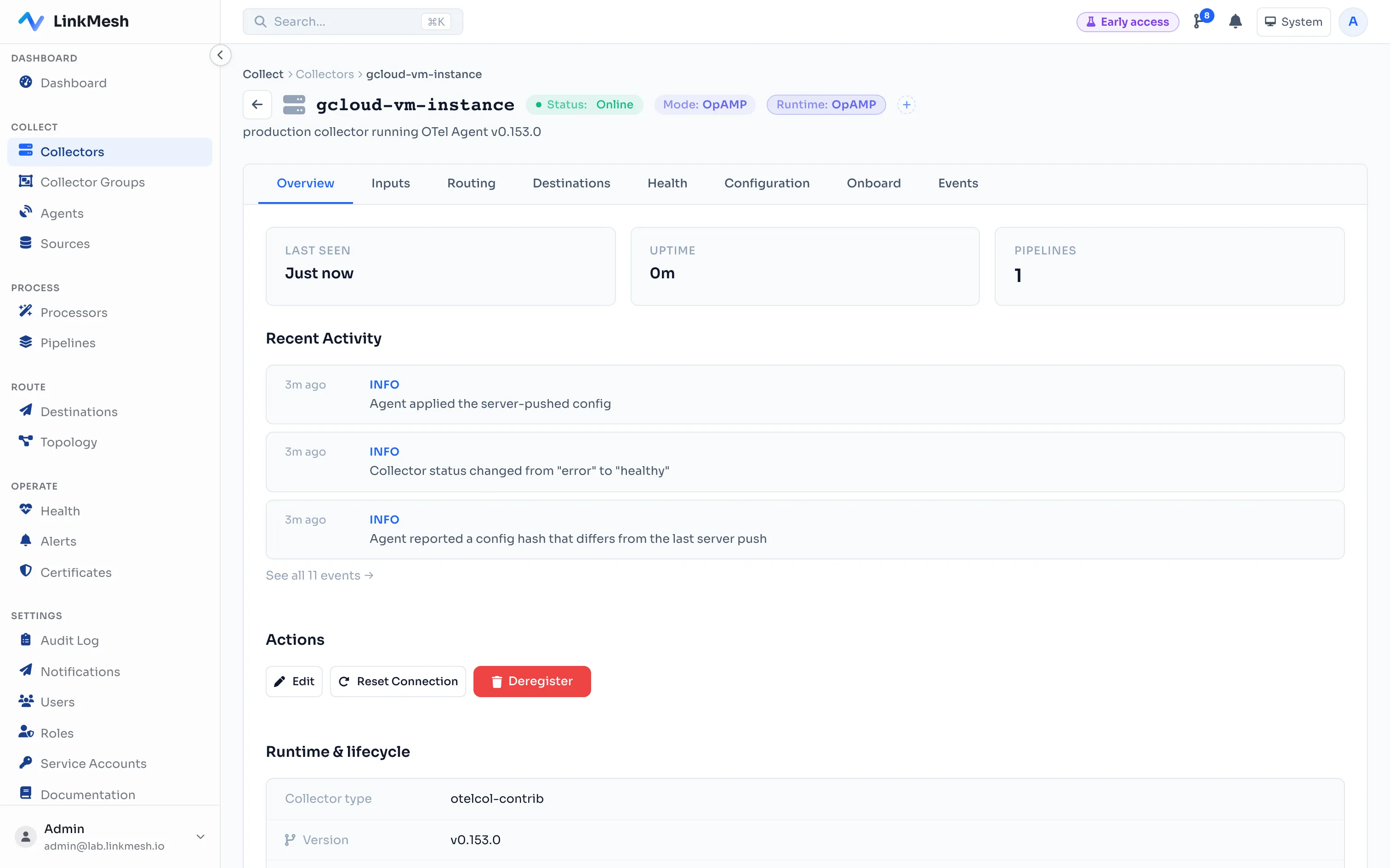 The collector detail page. The Routing tab is where sources, pipelines, and destinations are wired together for this collector.