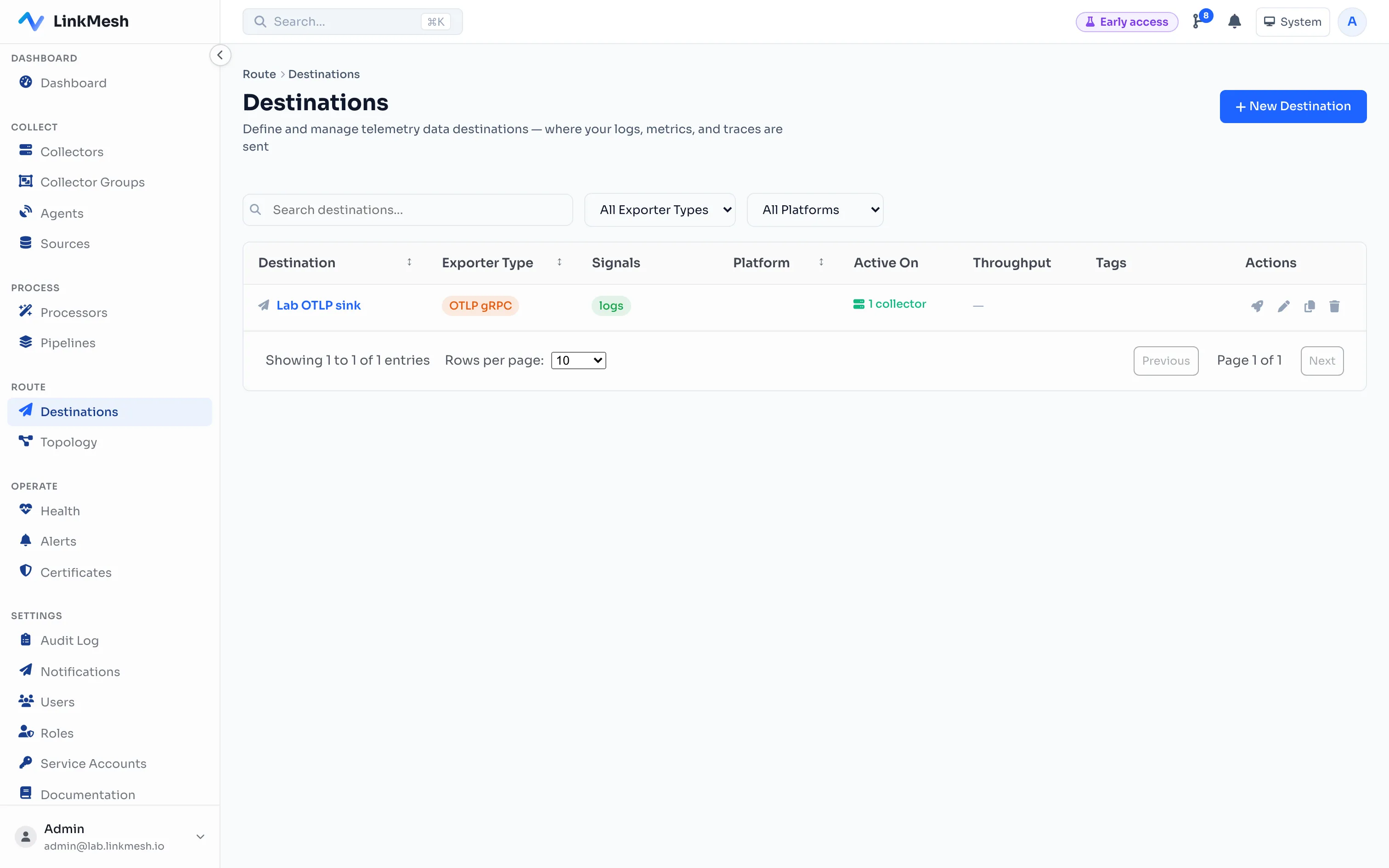 The Destinations library. Pick the exporter that matches your backend and fill in its connection settings — endpoint, credentials, TLS.