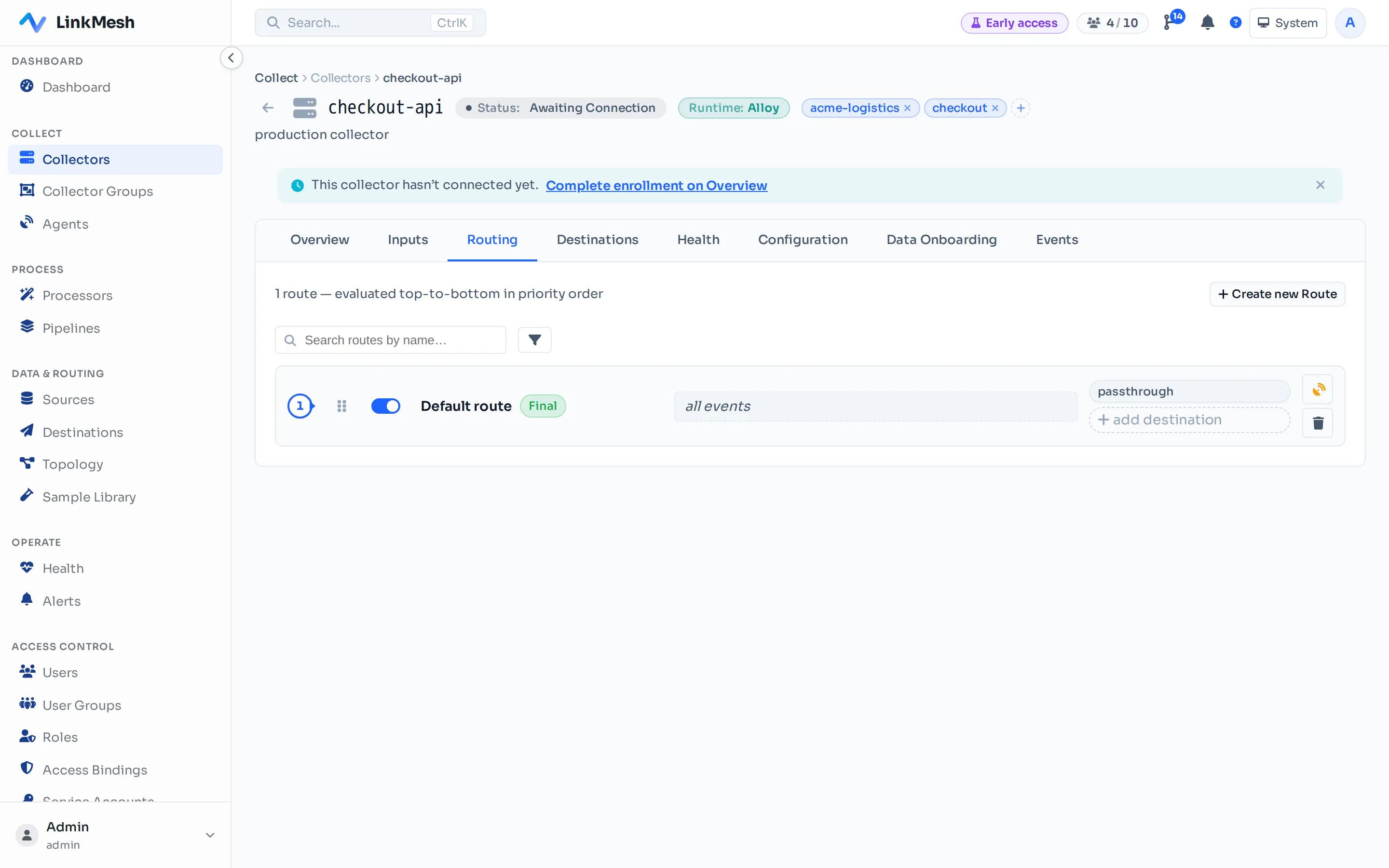The Routing tab lists every route on this collector. + Create new Route opens an inline editor for source, pipeline, and destinations.