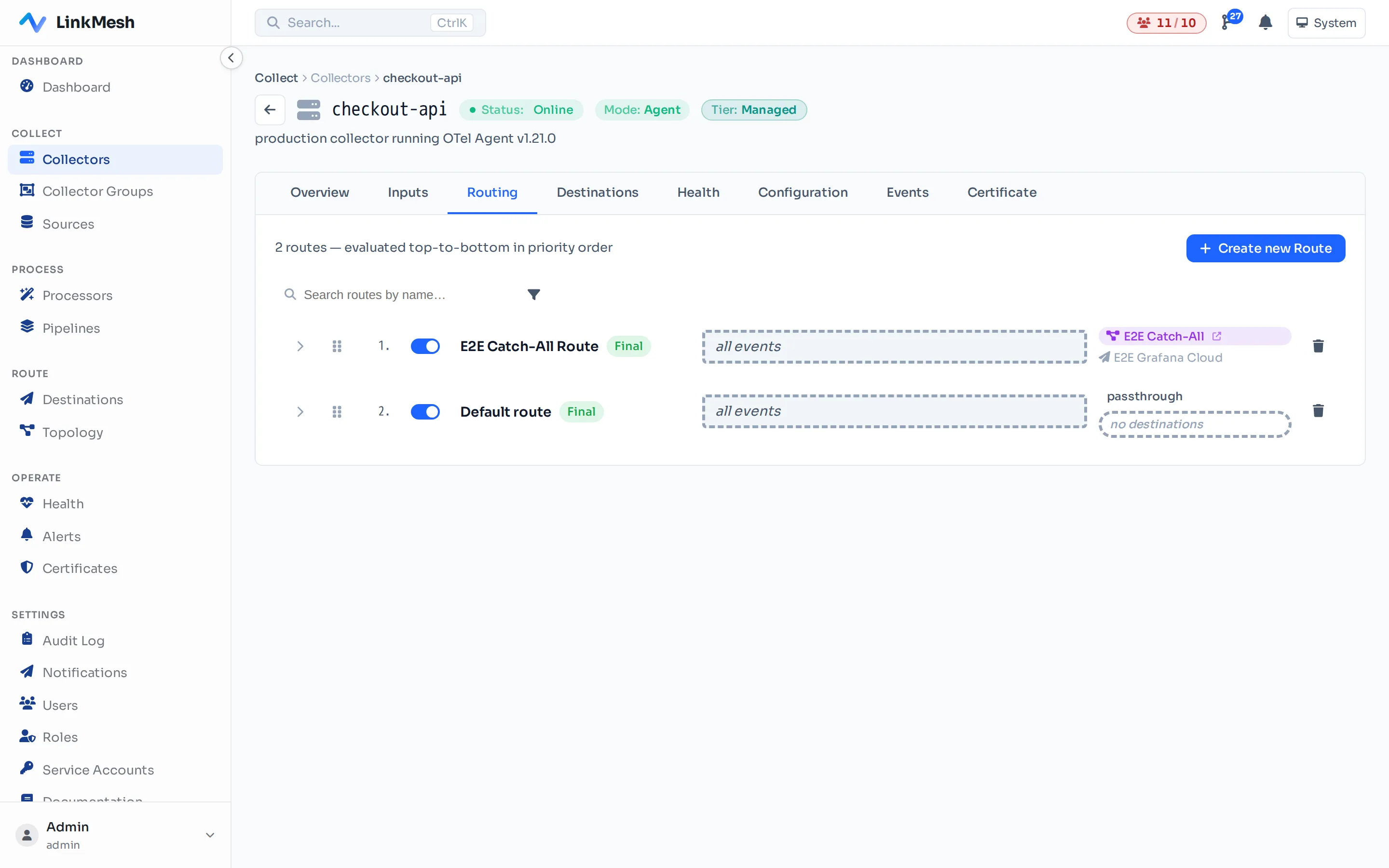 The Routing tab lists every route on this collector. + Create new Route opens an inline editor for source, pipeline, and destinations.