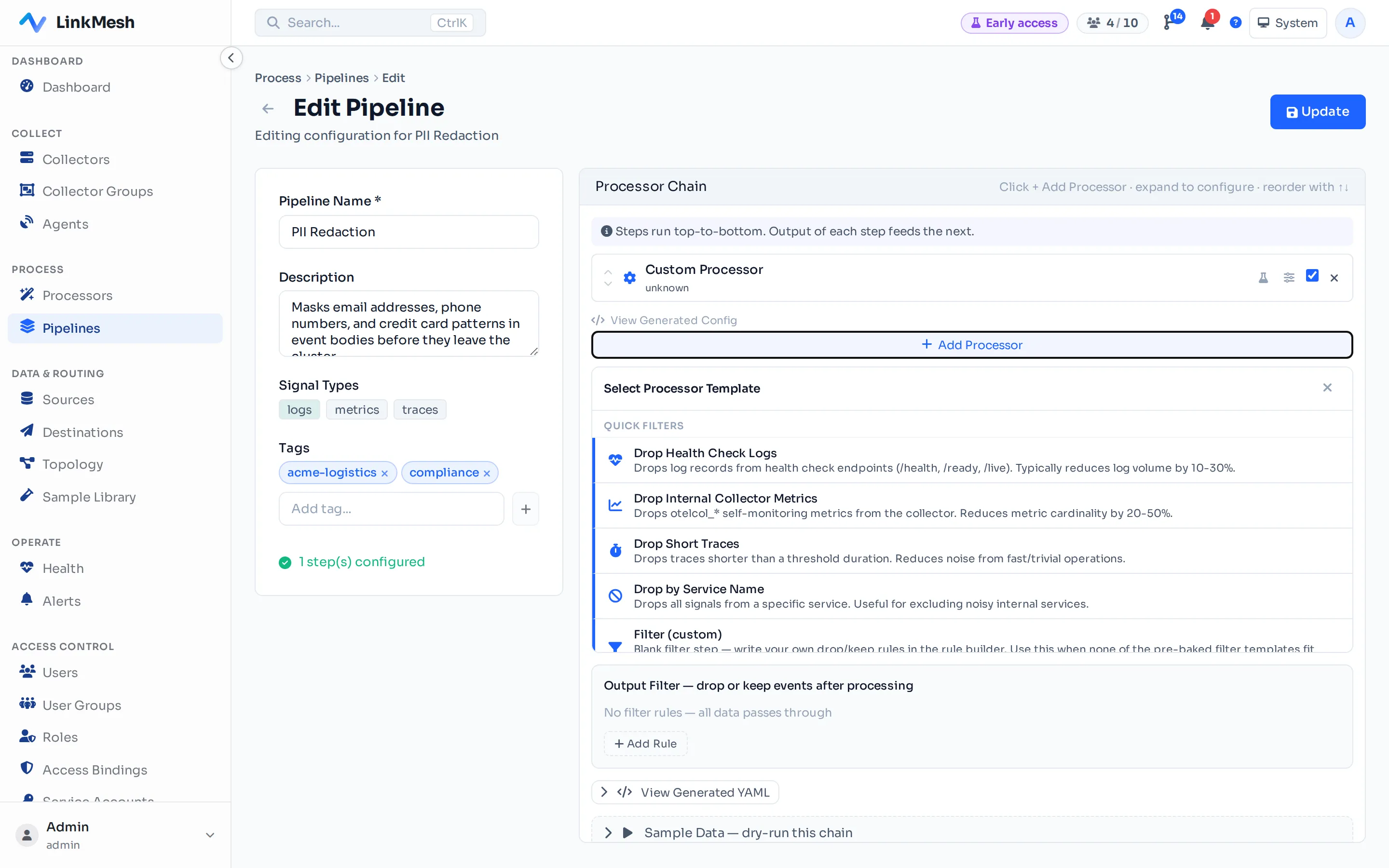 The chain editor with the preview drawer collapsed. Build the Processor Chain in the main column; the 'Sample Data — dry-run this chain' bar at the bottom expands the workspace when you're ready to test.