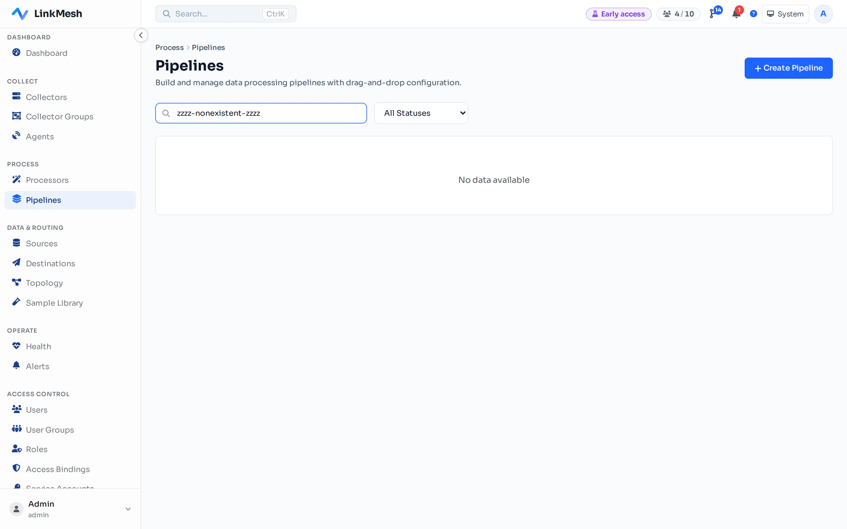 The Pipelines page lists every reusable processing recipe in your tenant. + New Pipeline opens the chain editor with an empty chain.