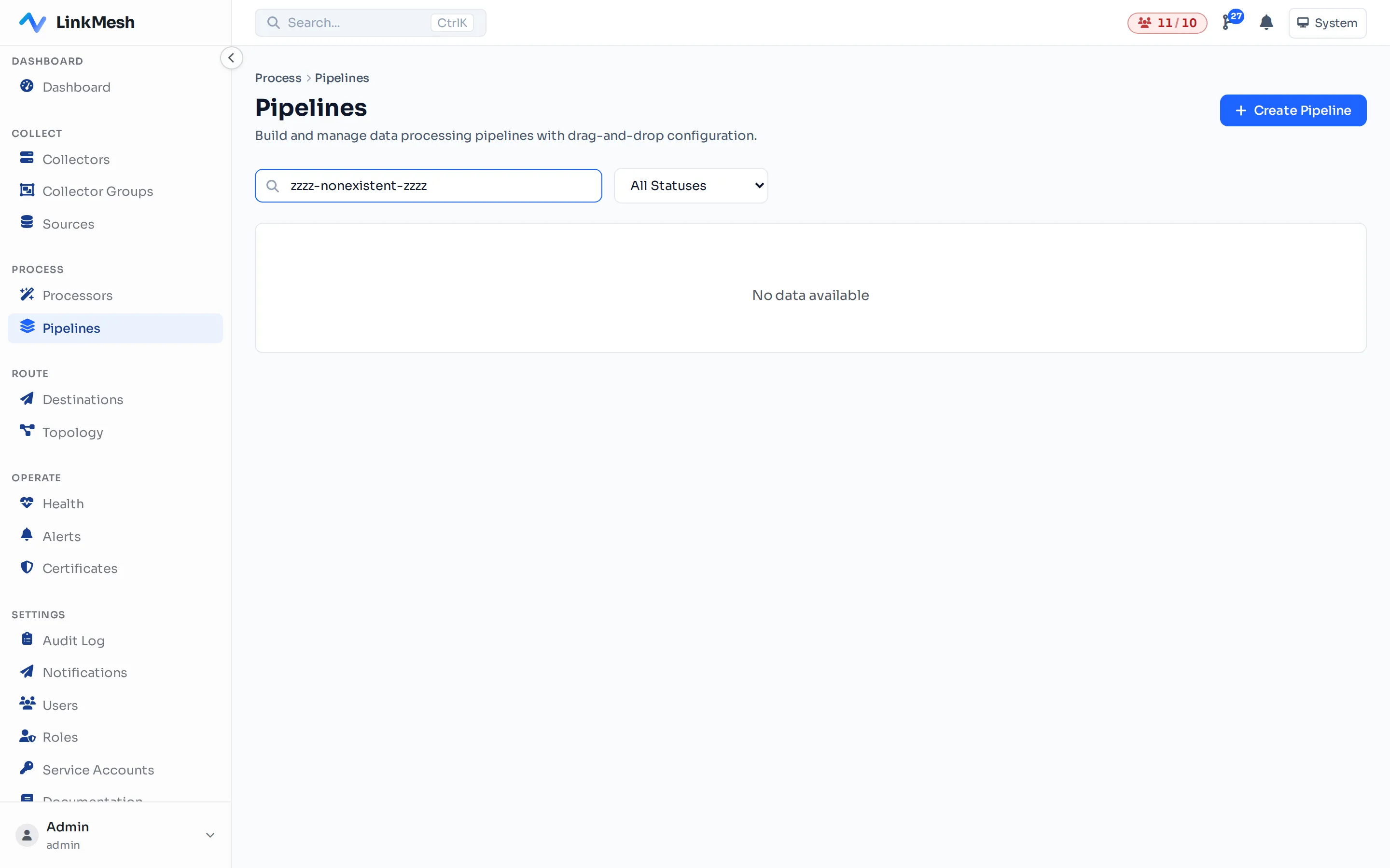 The Pipelines page lists every reusable processing recipe in your tenant. + New Pipeline opens the chain editor with an empty chain.