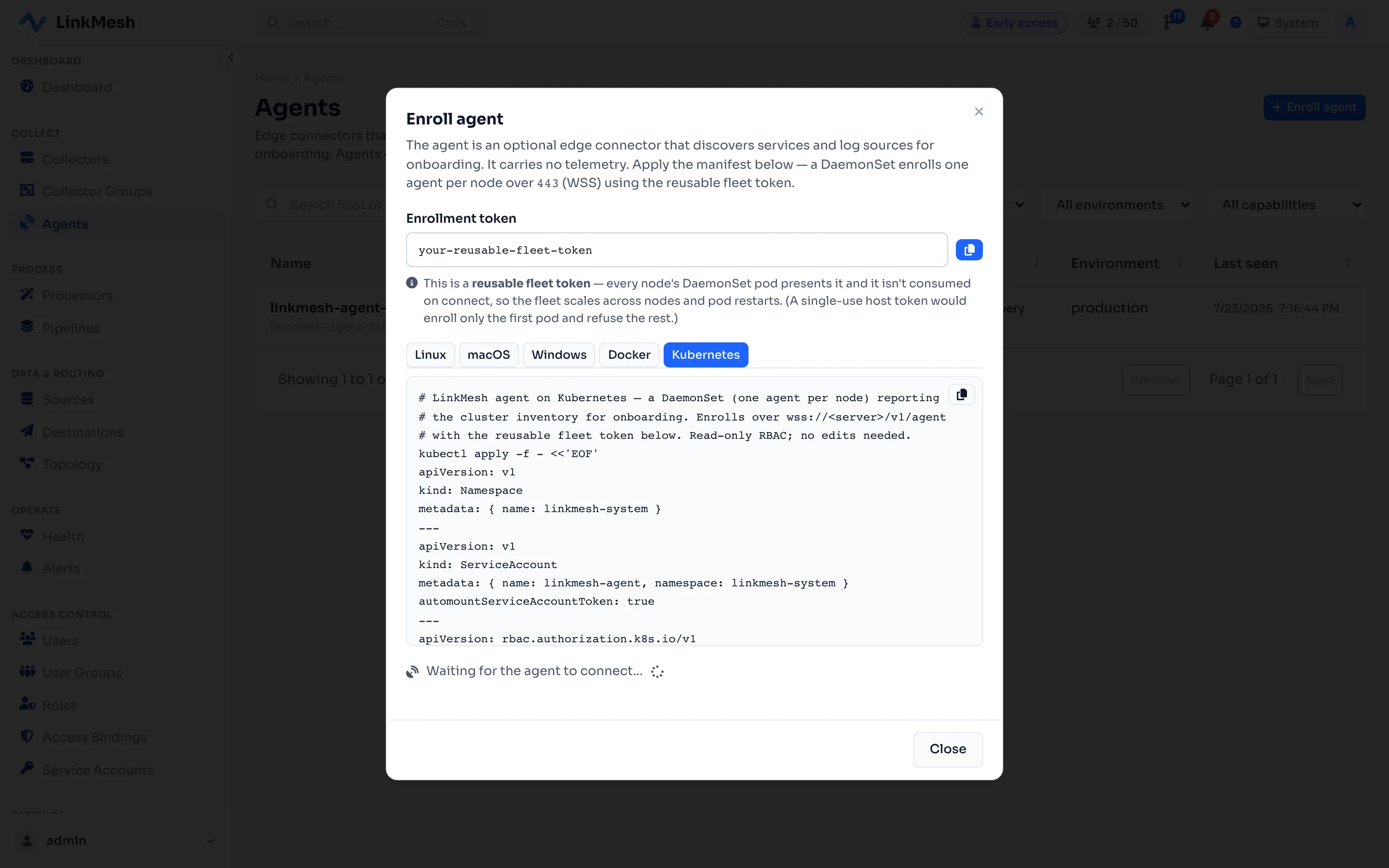 The Enroll Agent wizard's Kubernetes tab: a zero-edit DaemonSet manifest carrying the reusable fleet token, pod-log mounts, and read-only RBAC. One kubectl apply enrols one agent per node.
