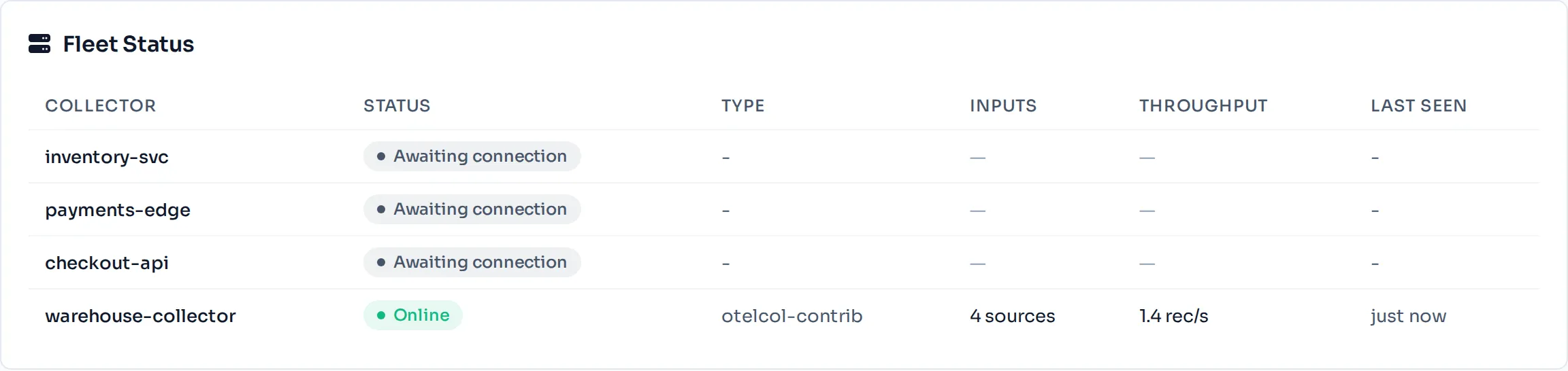 The Fleet Status table on the dashboard. Each row is one collector. Click into a row to see its detail page.