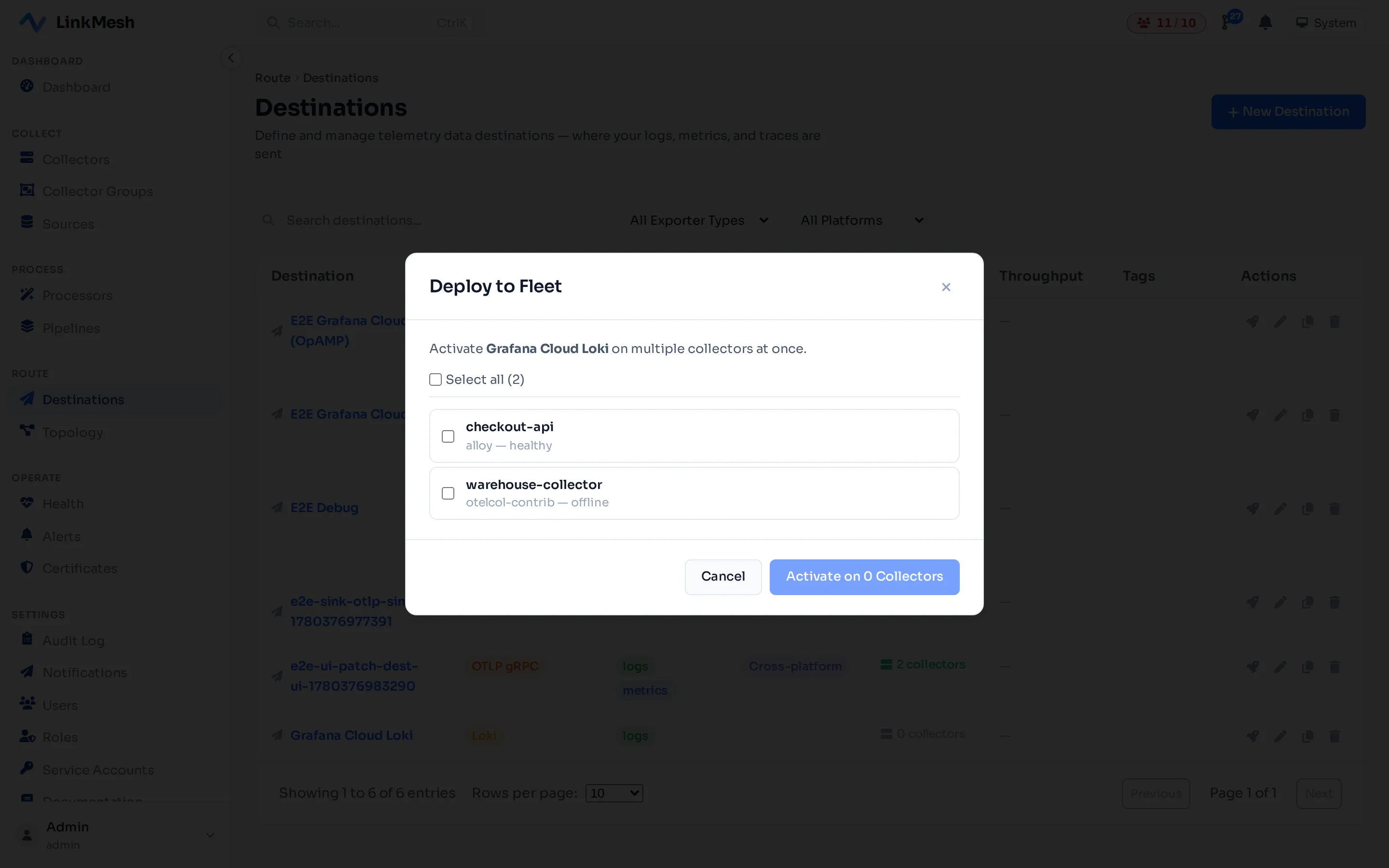 The Grafana Cloud Loki destination form. The 'Default labels' toggle controls which OTel resource attributes get promoted to Loki labels — start with job:true and leave exporter:false to avoid label cardinality blow-up.