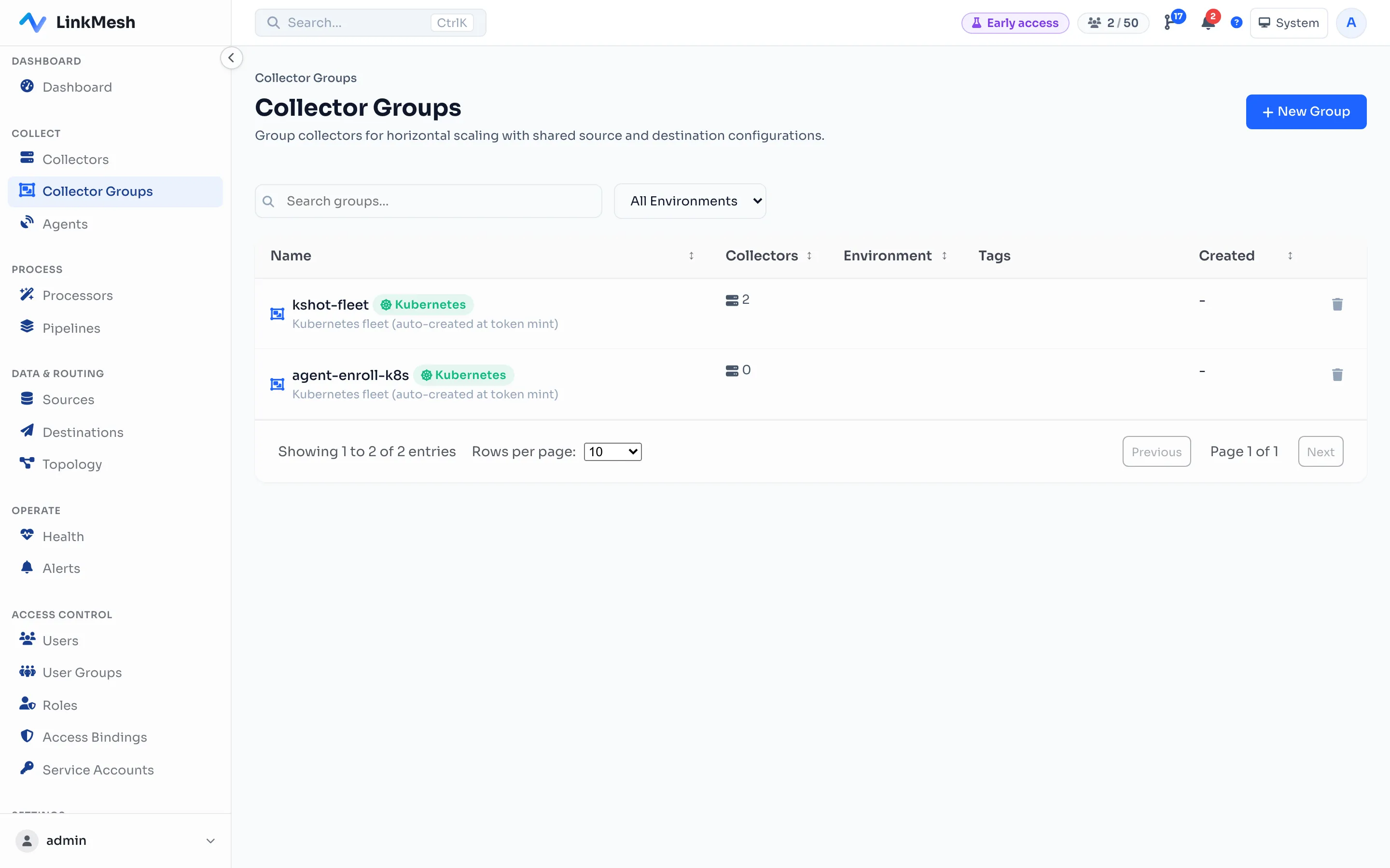 The Collector Groups list tags each group with its kind — a Kubernetes cluster fleet carries a Kubernetes badge, a host group a VM badge — so it's always clear what a group is.
