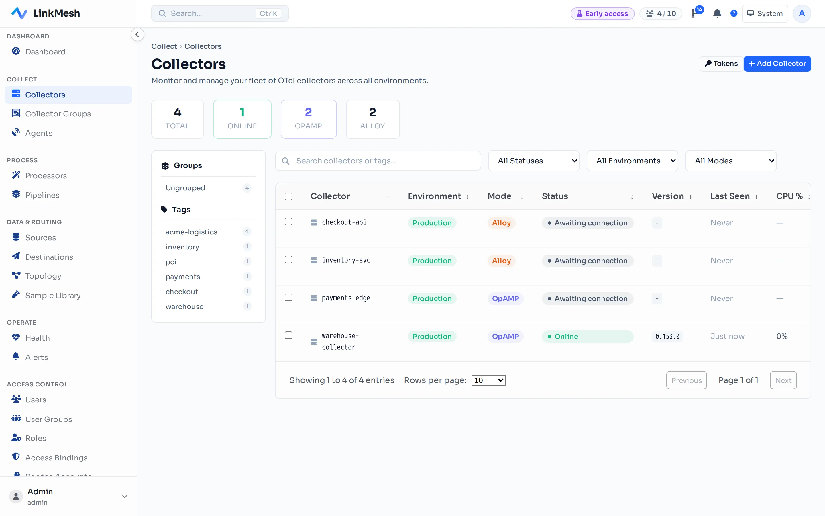 Collectors page. The + Add Collector button at the top right opens the enrollment wizard.