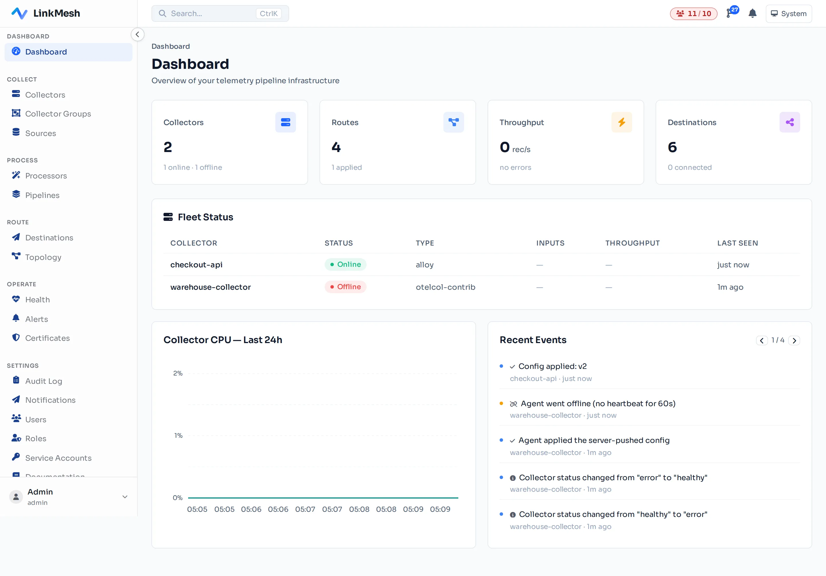 What you're aiming at: the dashboard with at least one collector online, an active route, and live throughput.