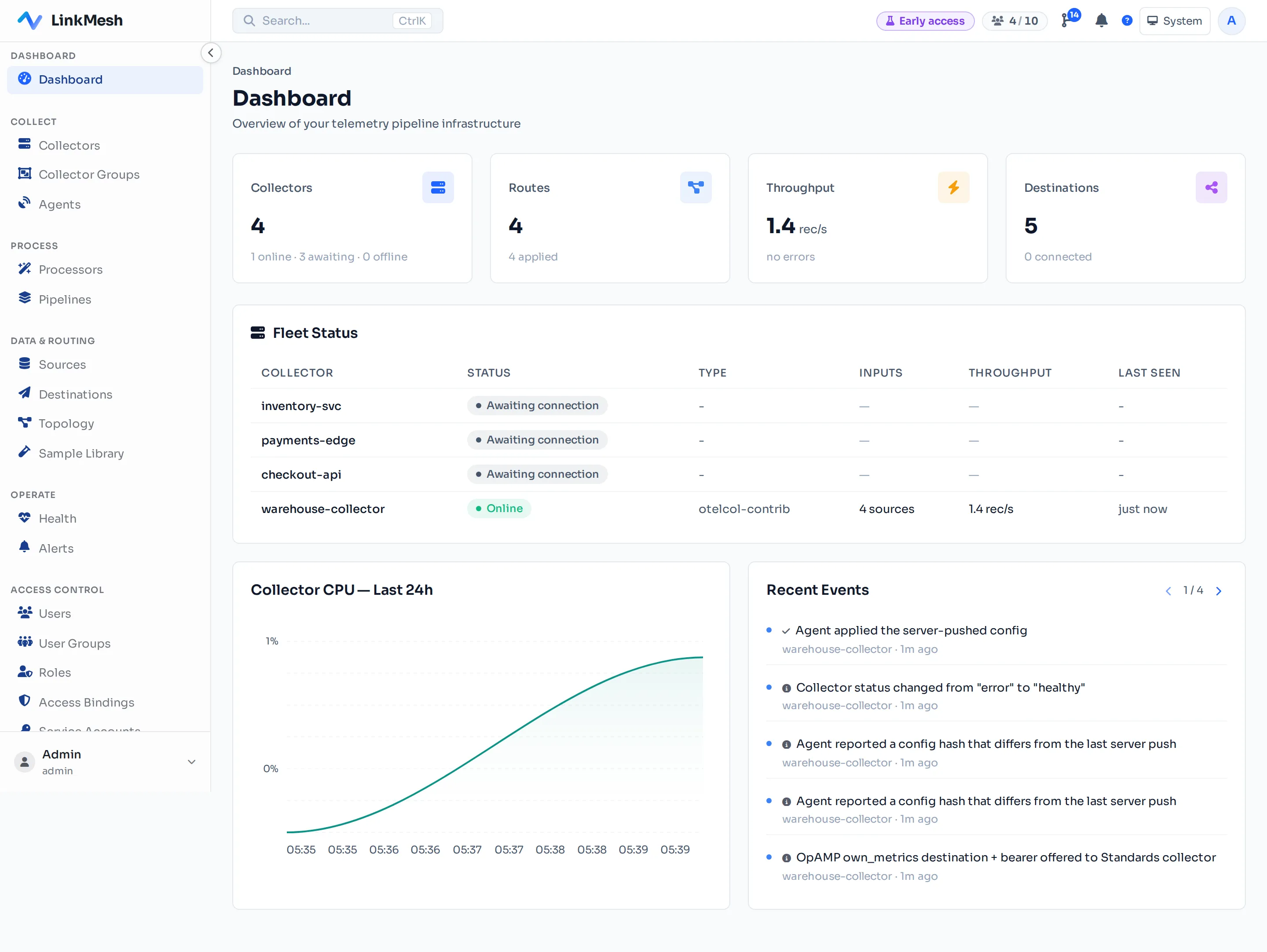 What you're aiming at: the dashboard with at least one collector online, an active route, and live throughput.