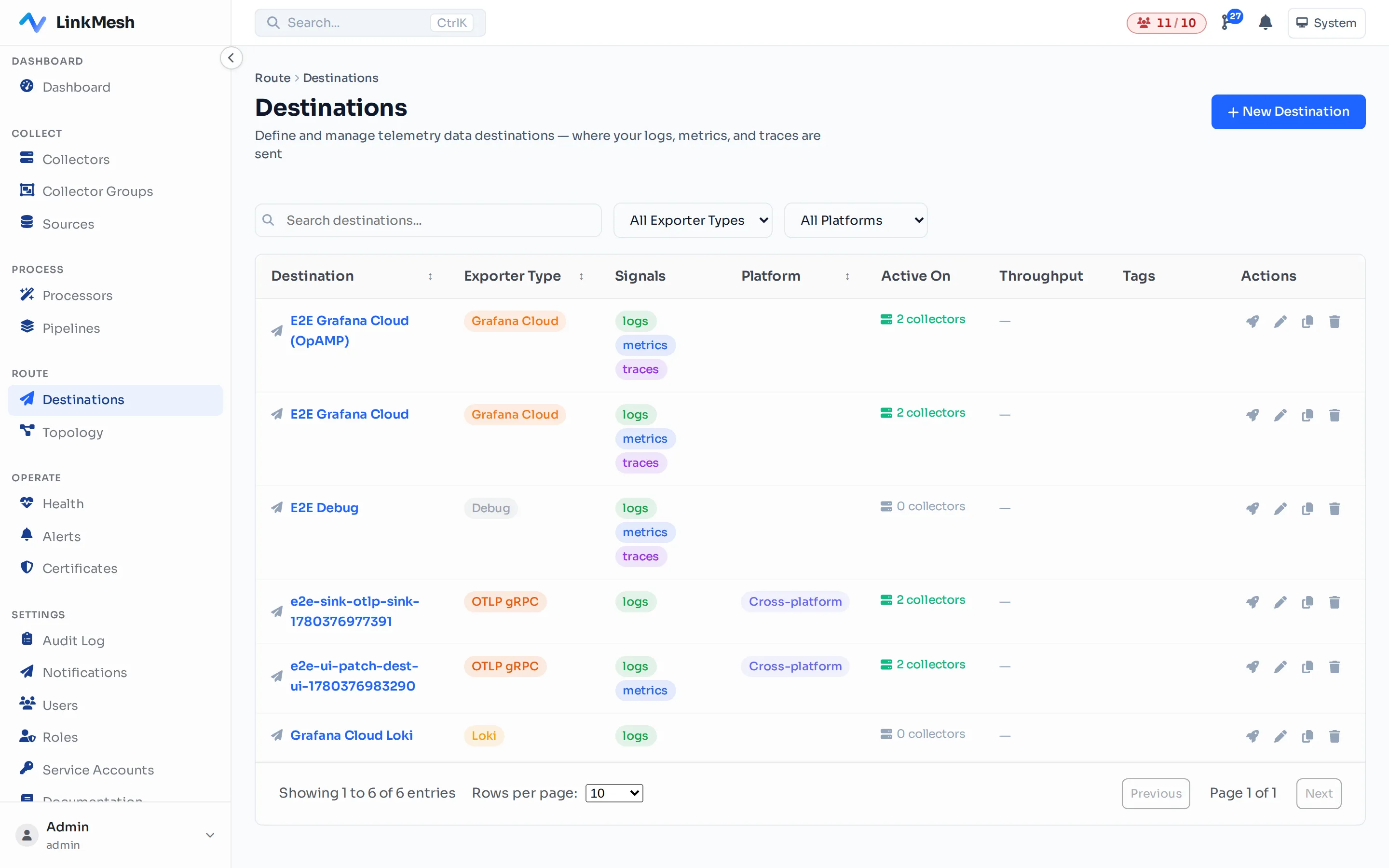 The destination library. Each entry shows the exporter type, signal coverage, and which collectors have it active.