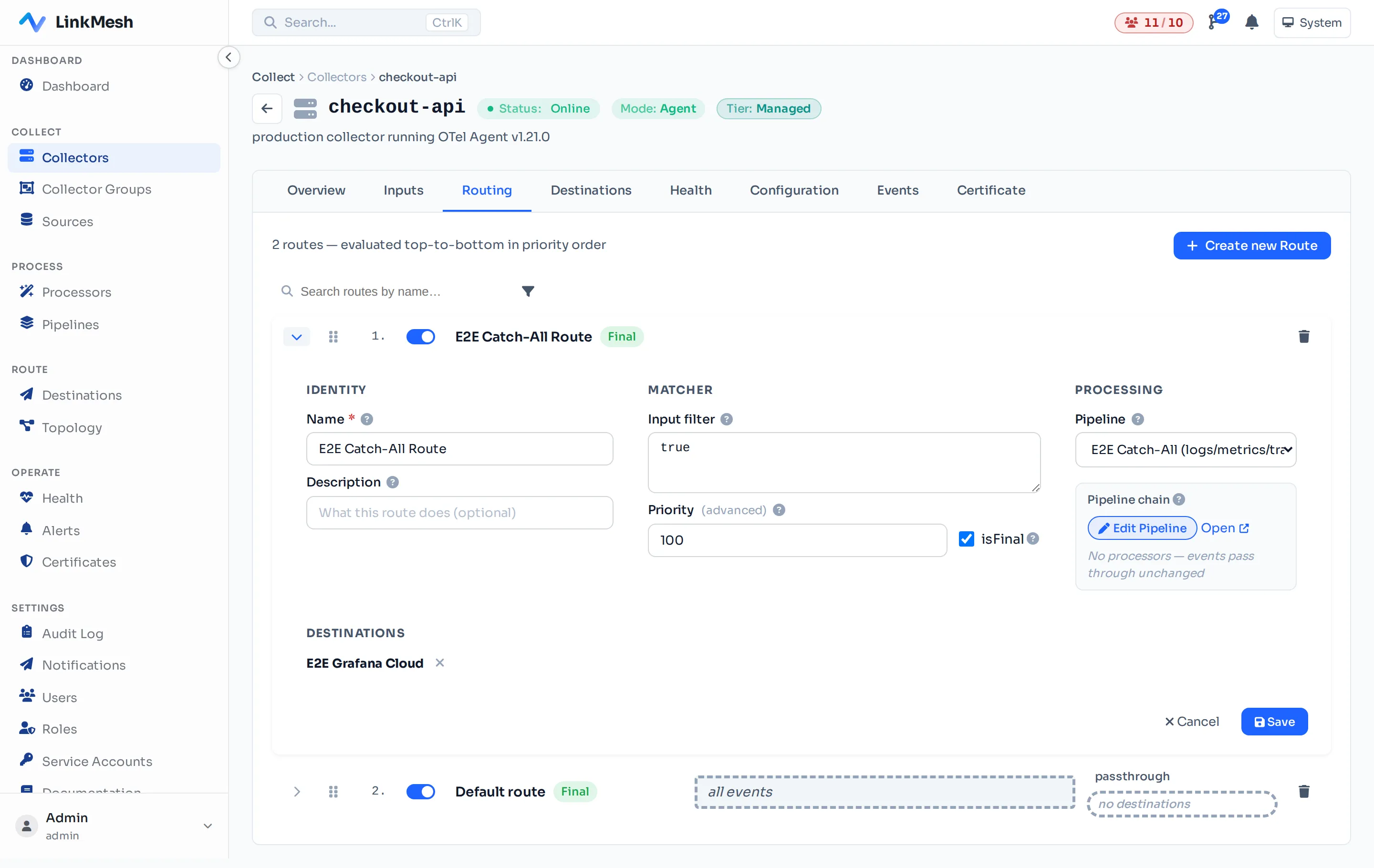 A route expanded in the Routing tab — the input-filter matcher sits in the middle, between the route identity and its pipeline + destinations.